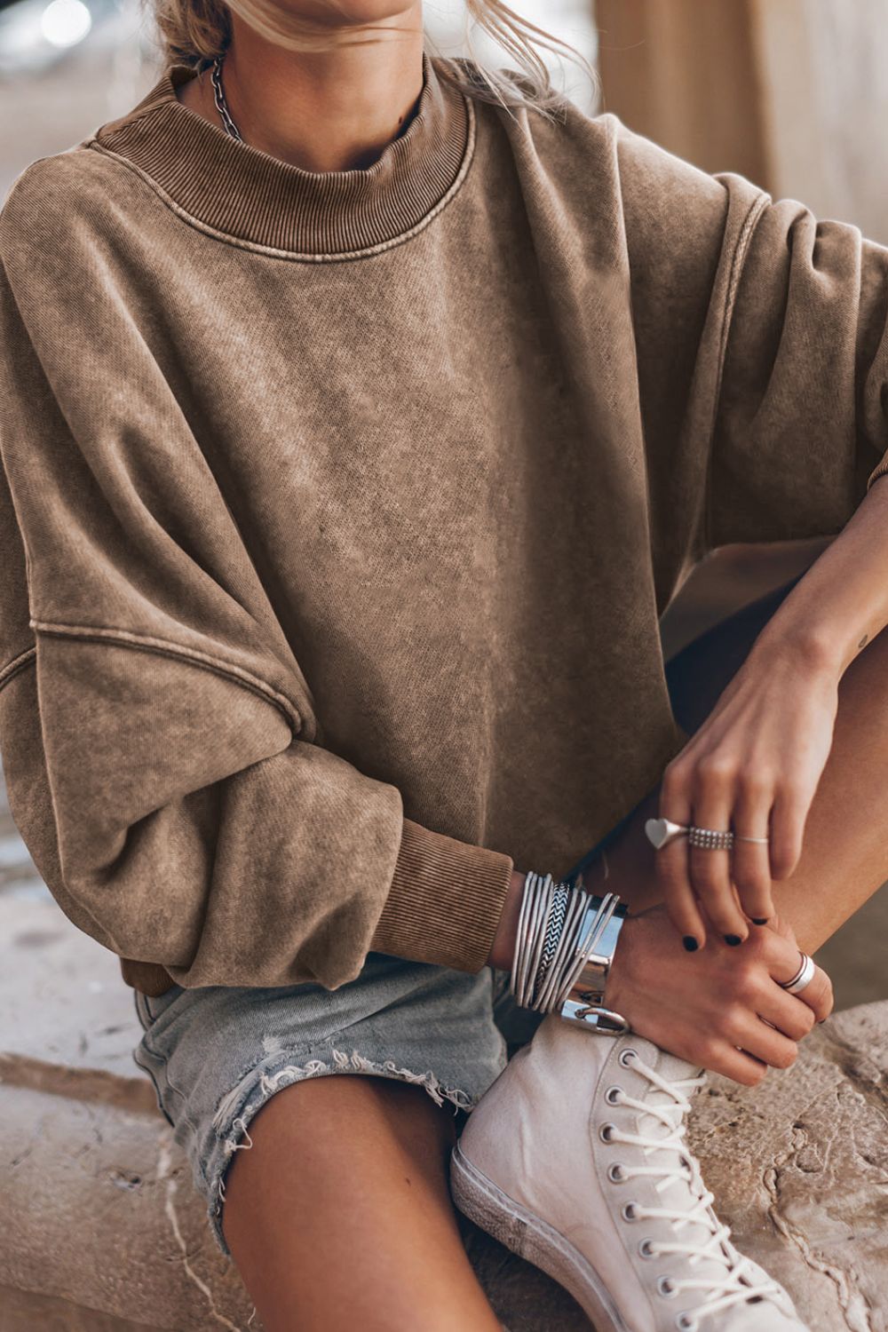 Oversize Mock Neck Dropped Shoulder Sweatshirt