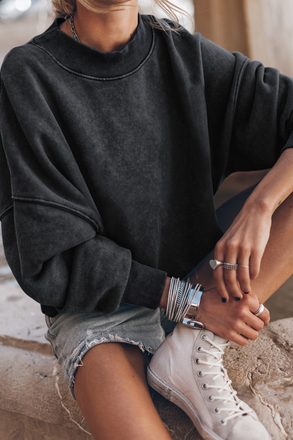 Oversize Mock Neck Dropped Shoulder Sweatshirt