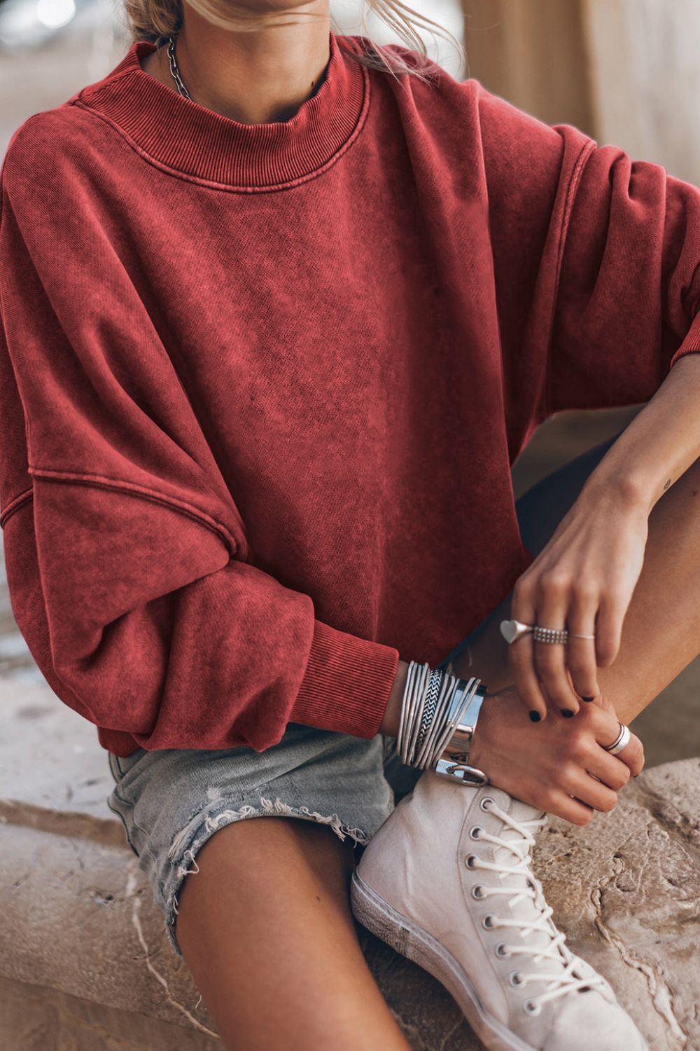 Oversize Mock Neck Dropped Shoulder Sweatshirt