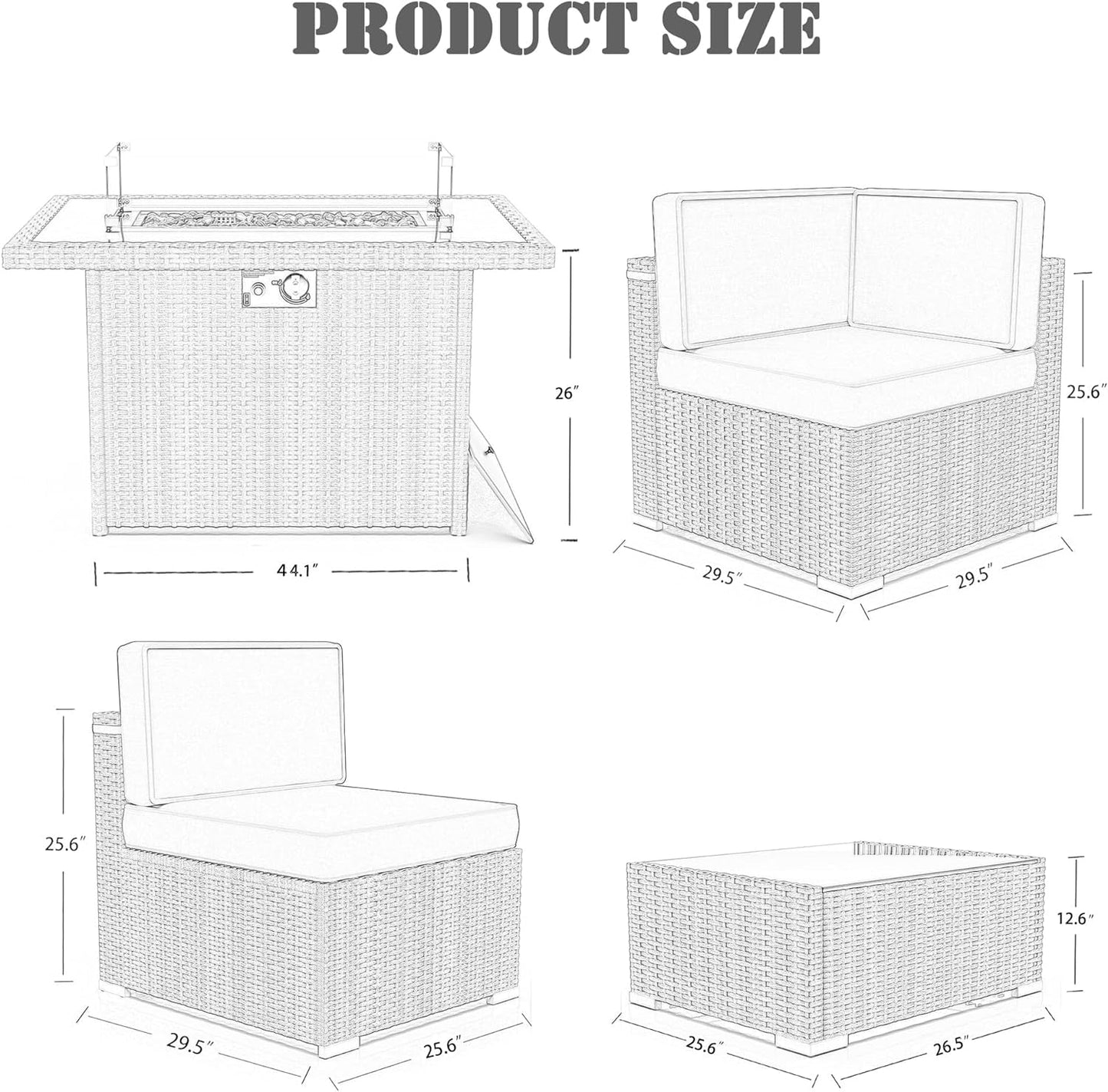 8 Pieces Patio Furniture Set with 44" Propane Gas Fire Pit Table