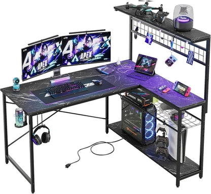 51 Inch L Shaped Gaming Desk With LED Lights 4 Tier Shelves