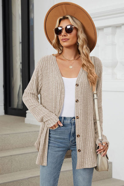 Ribbed Button Up Long Sleeve Cardigan