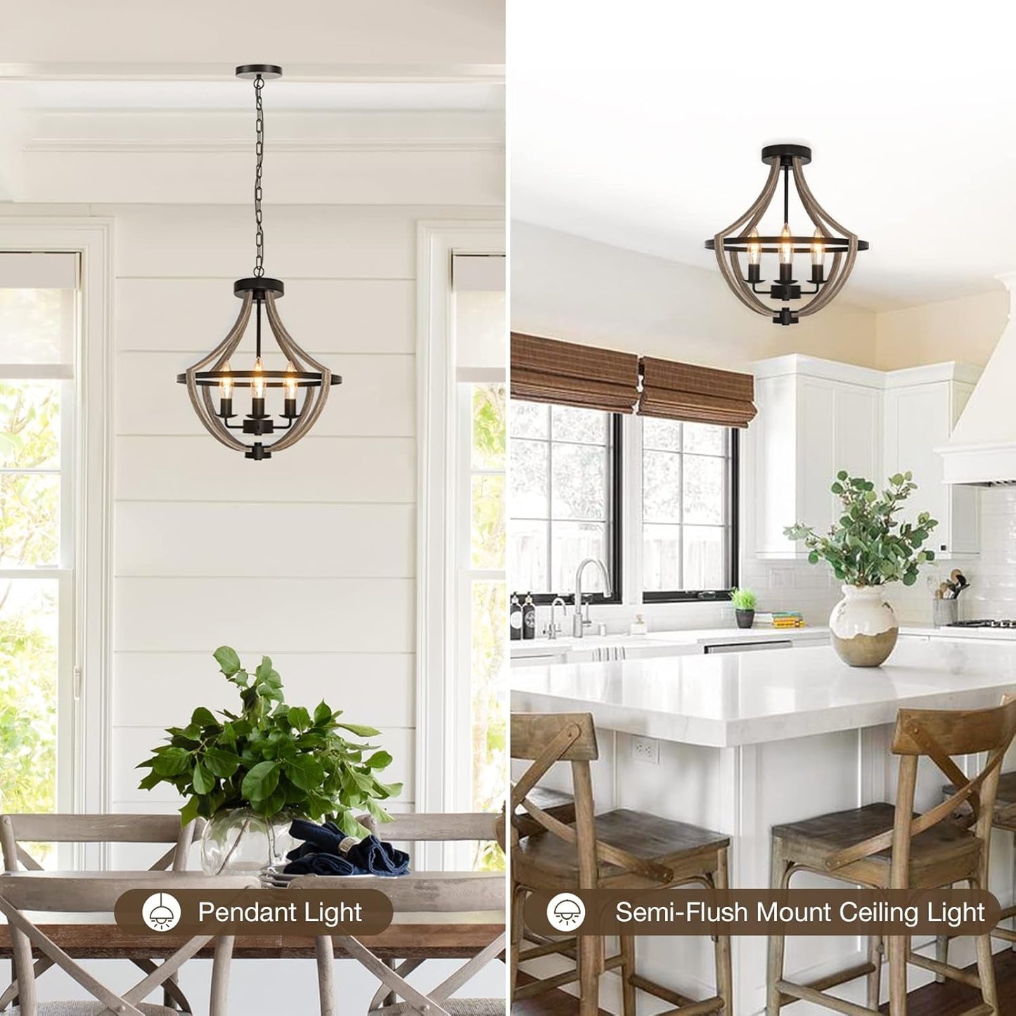 16.5" Farmhouse Light Fixtures Chandelier, 4-Light Rustic Flush Mount