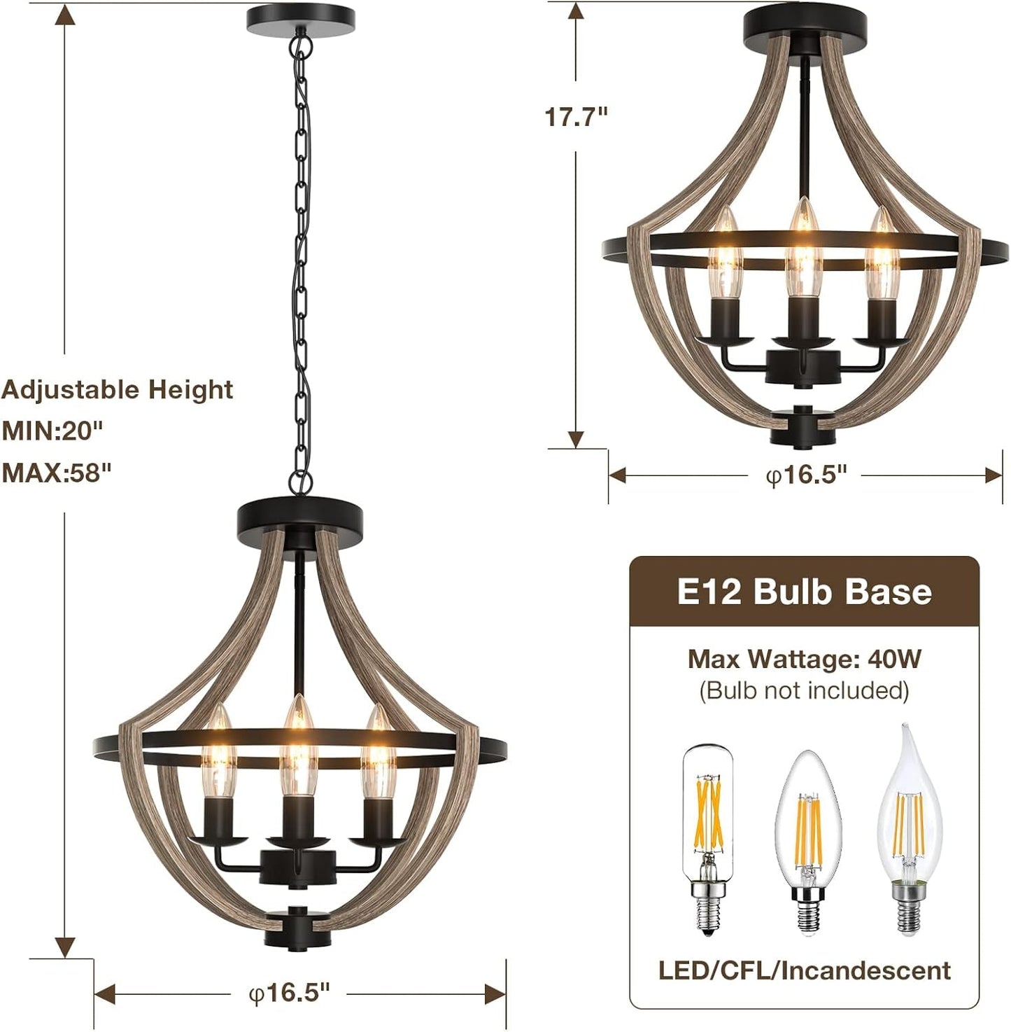 16.5" Farmhouse Light Fixtures Chandelier, 4-Light Rustic Flush Mount