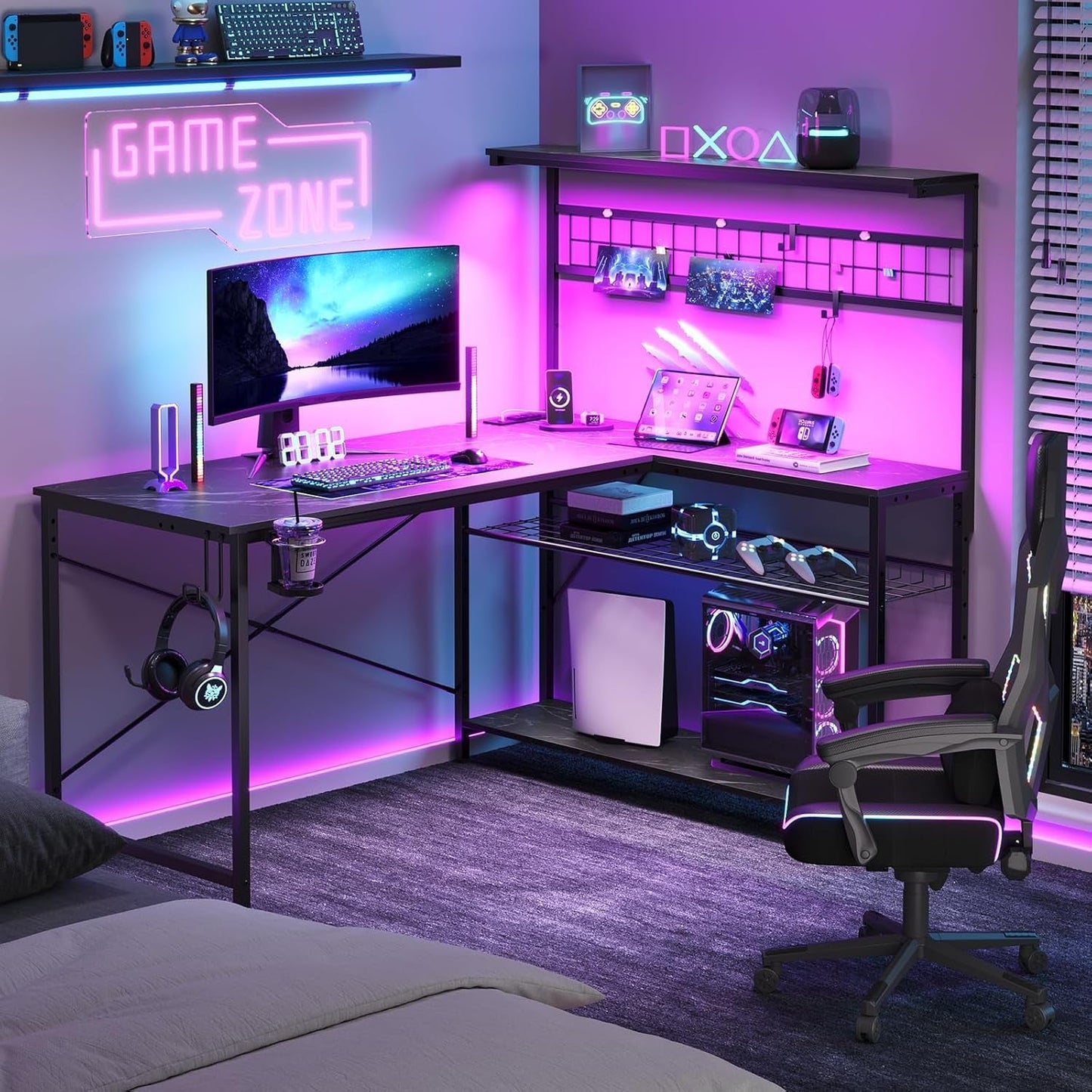 51 Inch L Shaped Gaming Desk With LED Lights 4 Tier Shelves