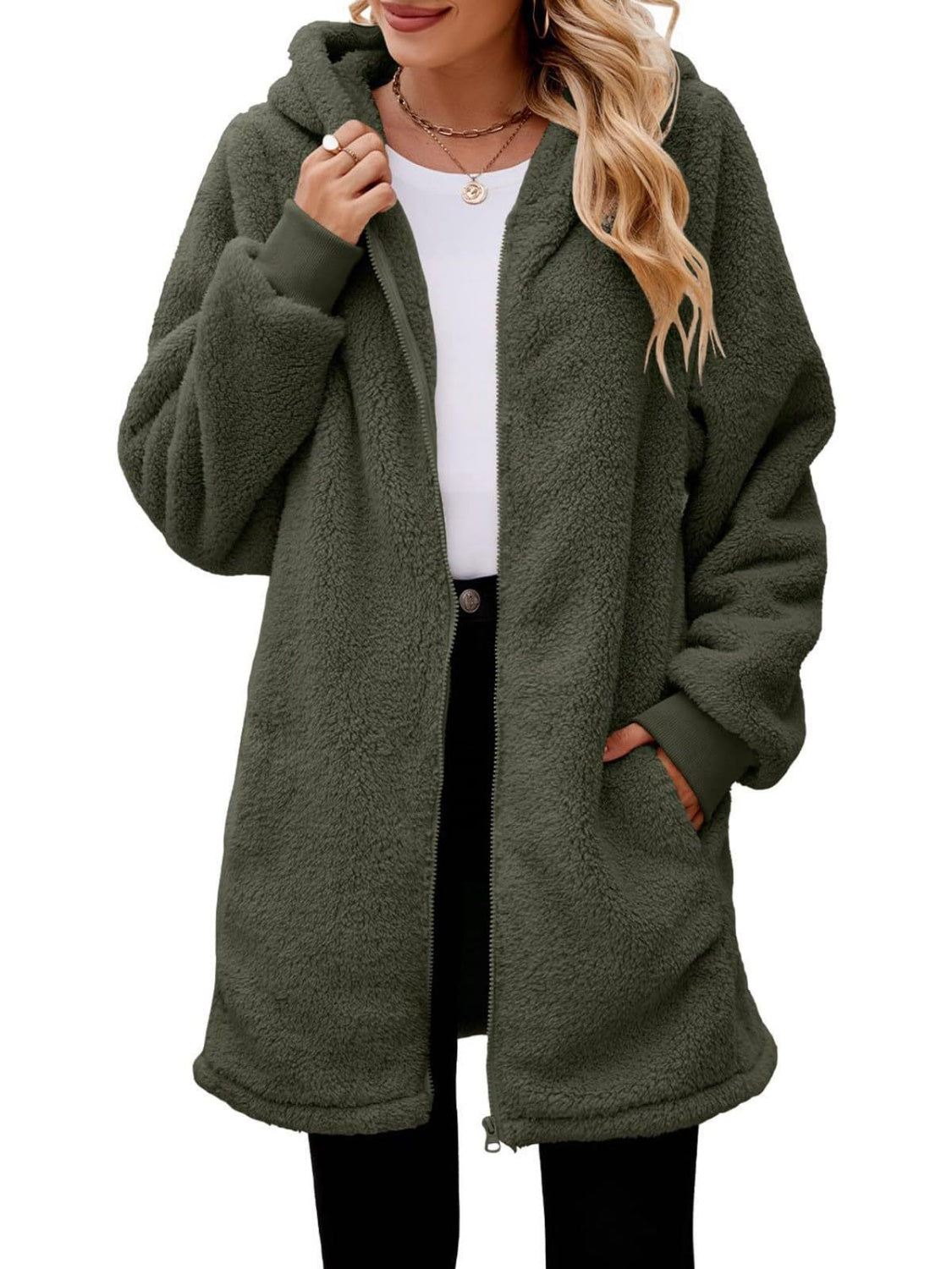 Fuzzy Pocketed Zip Up Jacket