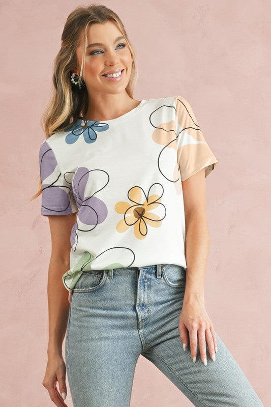 Summer Flower Print Round Neck T Shirt