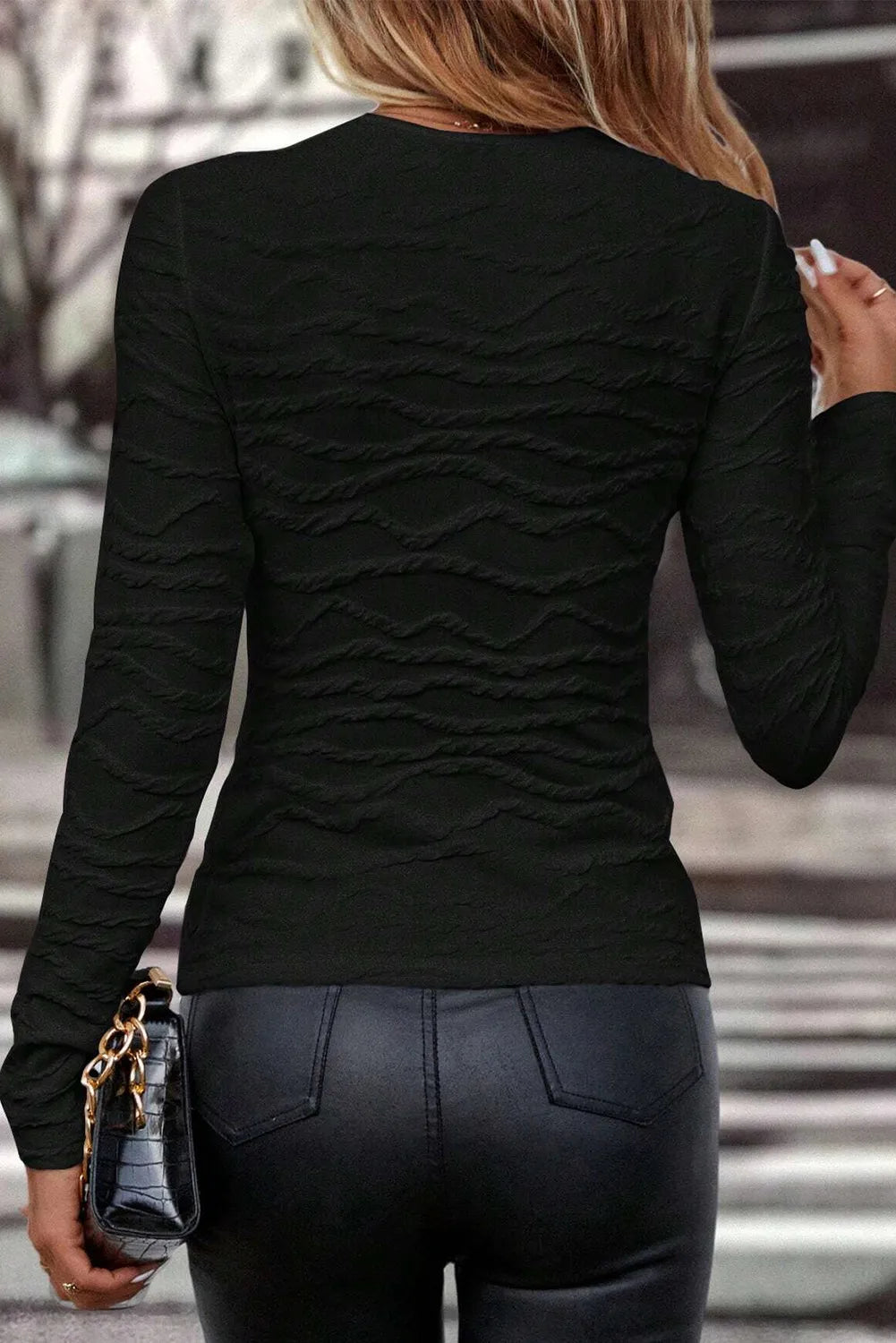 Textured Round Neck Long Sleeve Blouse