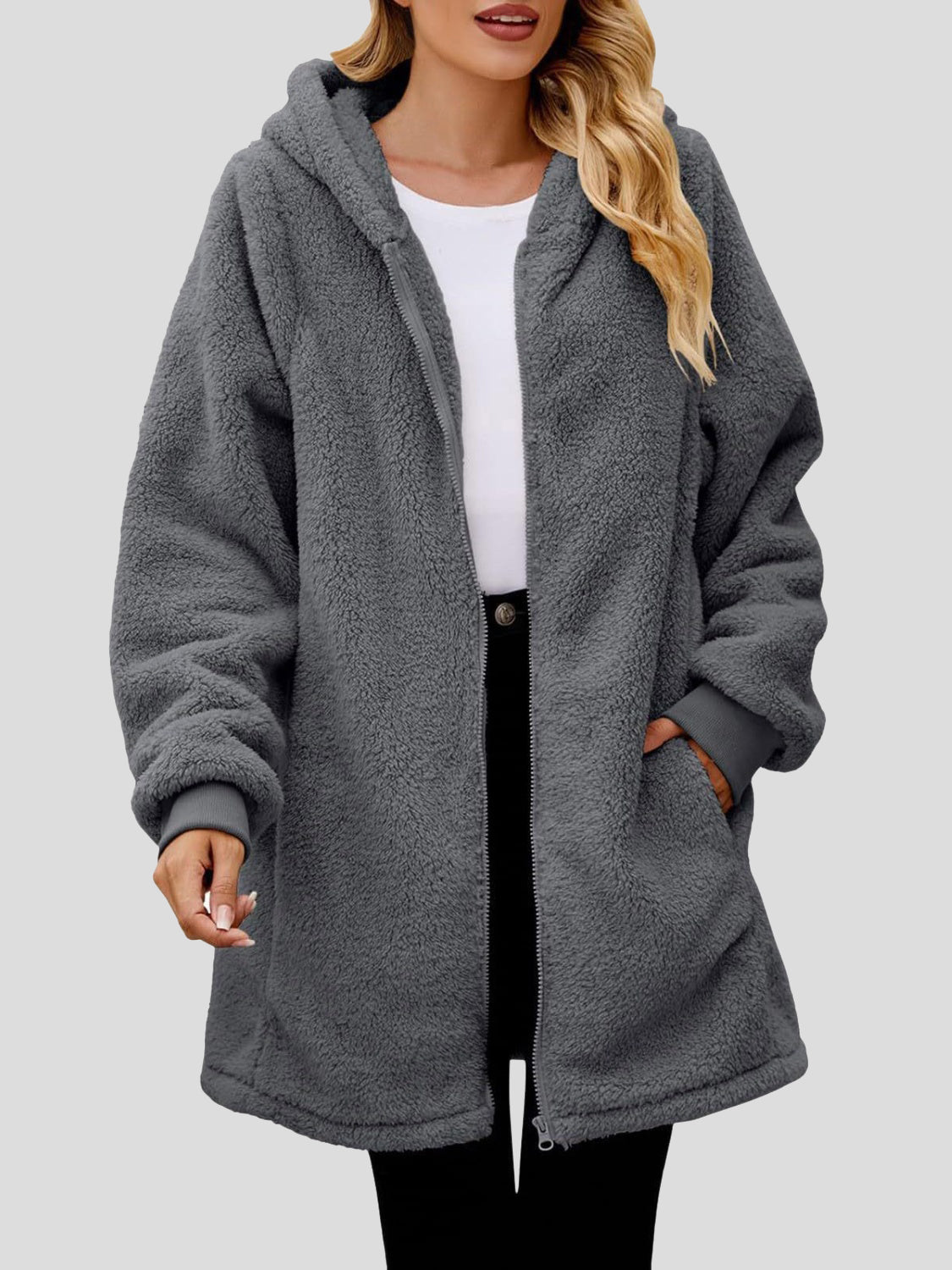 Fuzzy Pocketed Zip Up Jacket
