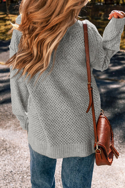 Light Grey Oversized V Neck Drop Shoulder Sweater with Eyelet Detail