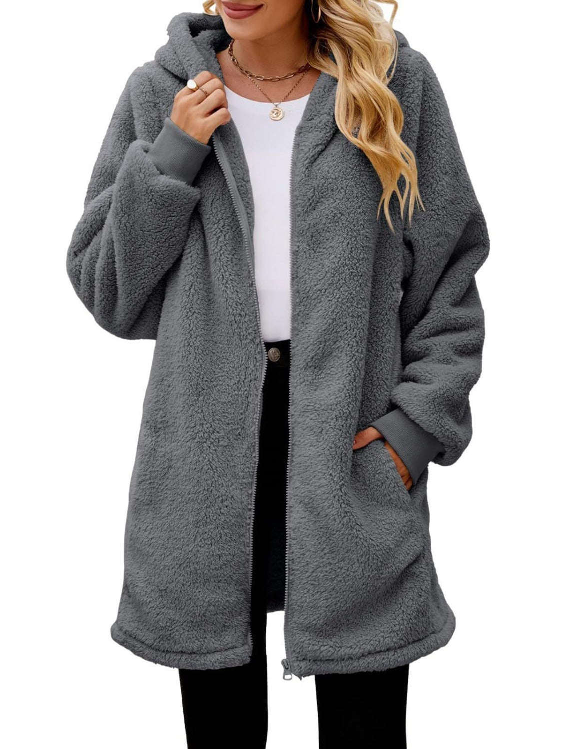 Fuzzy Pocketed Zip Up Jacket