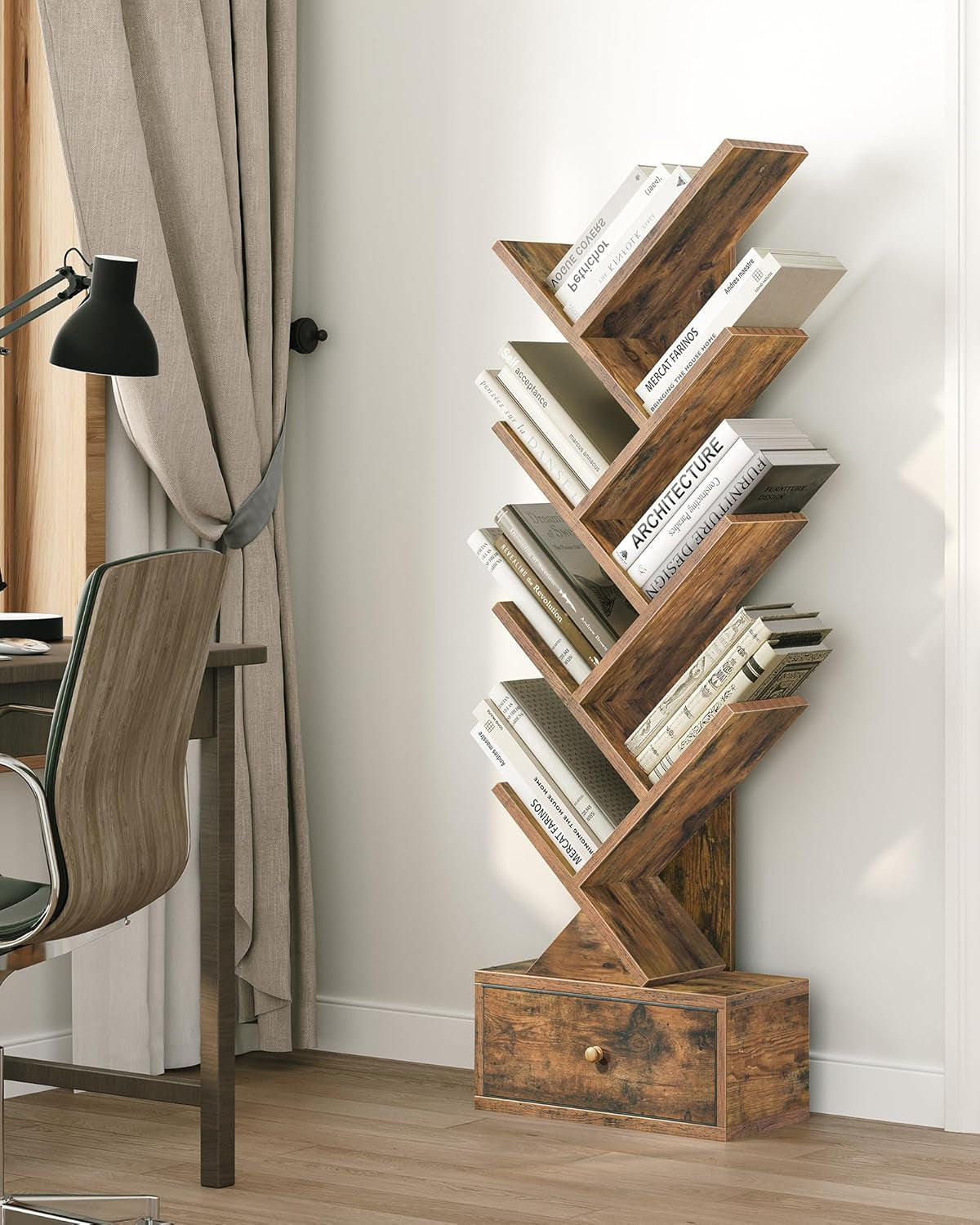 9 Tier Tree Book Shelf with Drawer, Floor Standing Bookshelf Storage