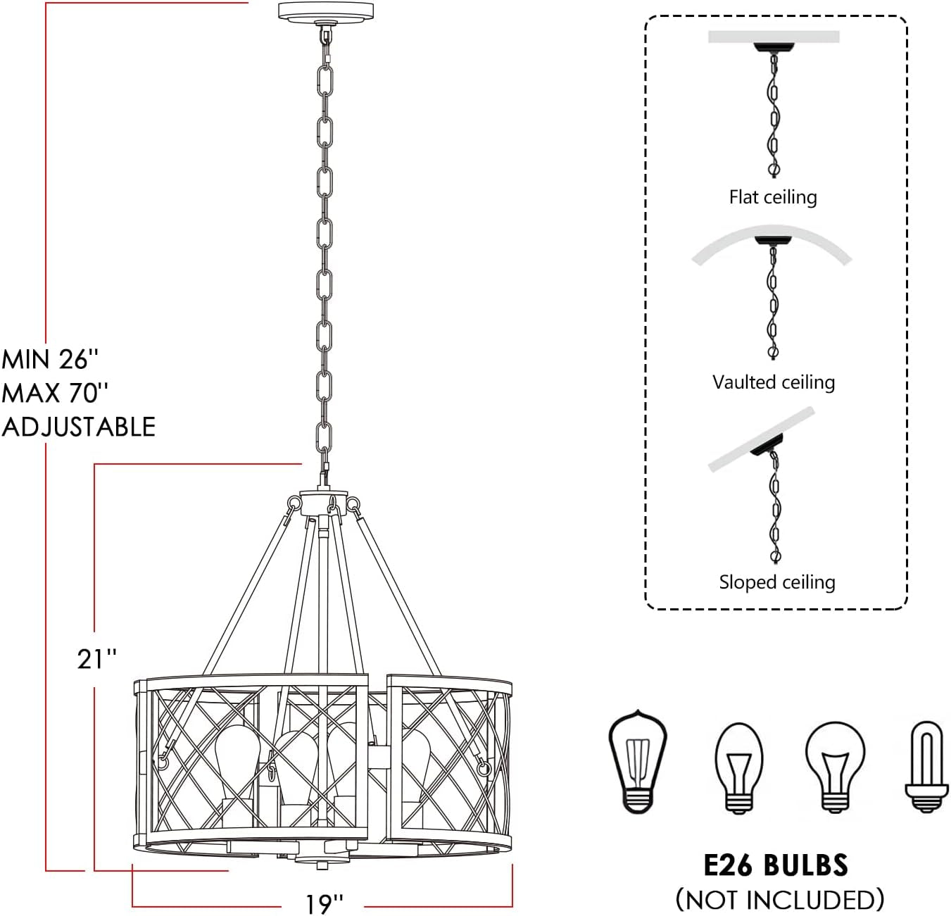 D19'' Farmhouse Chandelier, 4-Light Adjustable Dining Room Light