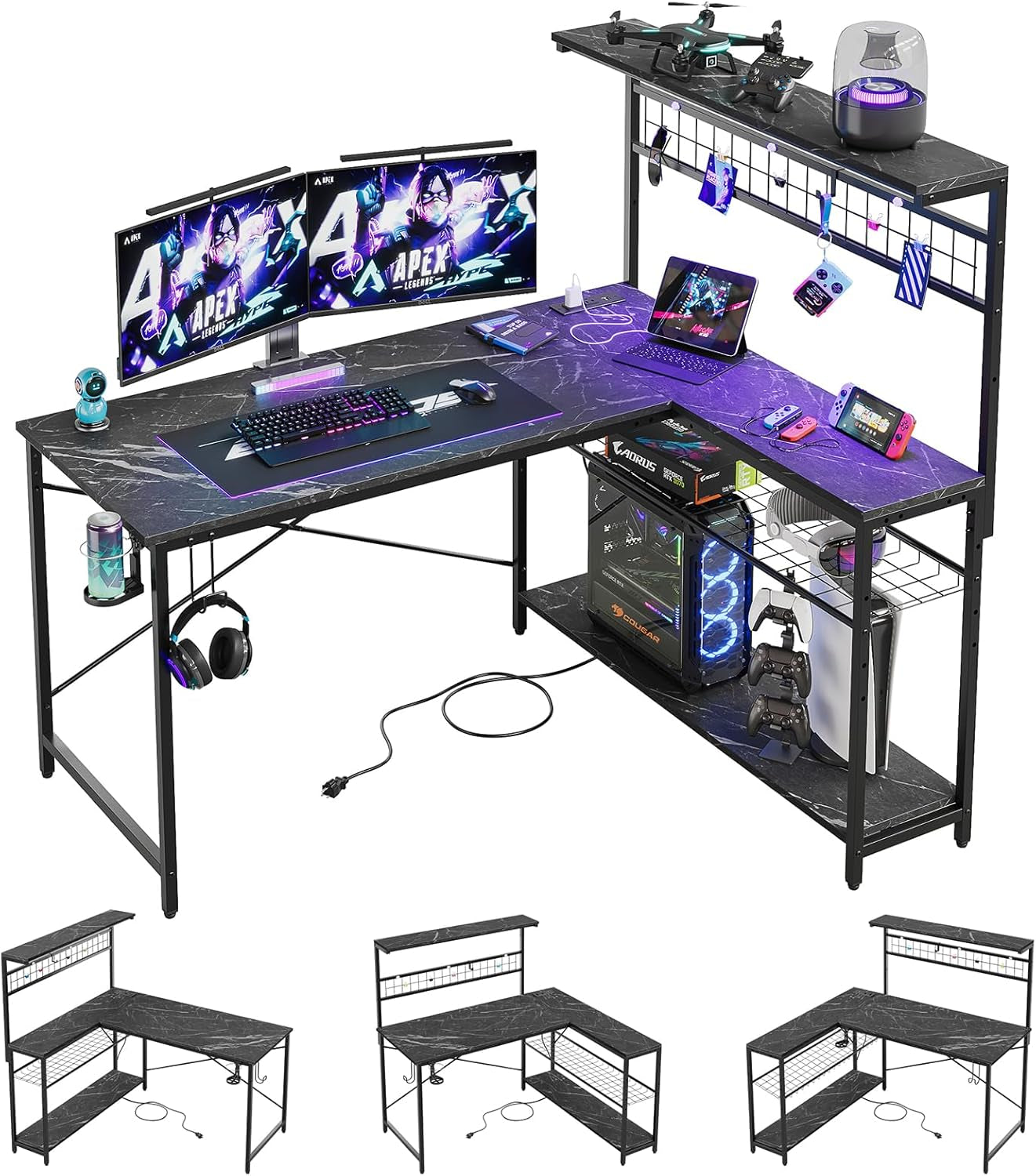 51 Inch L Shaped Gaming Desk With LED Lights 4 Tier Shelves