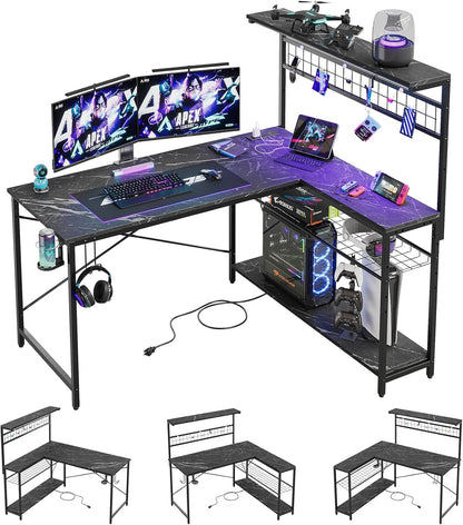 51 Inch L Shaped Gaming Desk With LED Lights 4 Tier Shelves