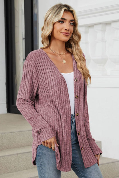 Ribbed Button Up Long Sleeve Cardigan