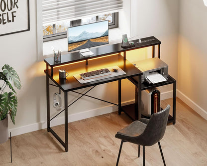 48 Inch LED Gaming Desk With Power Outlet And Shelves