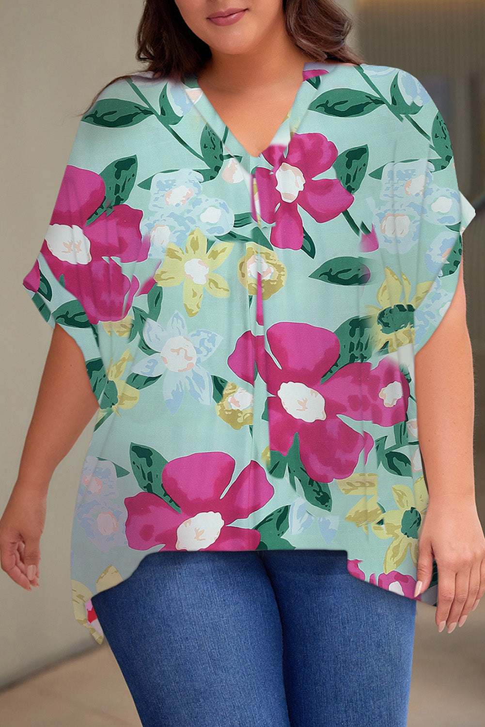 Printed Notched Neck Half Sleeve Top