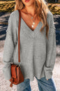 Light Grey Oversized V Neck Drop Shoulder Sweater with Eyelet Detail