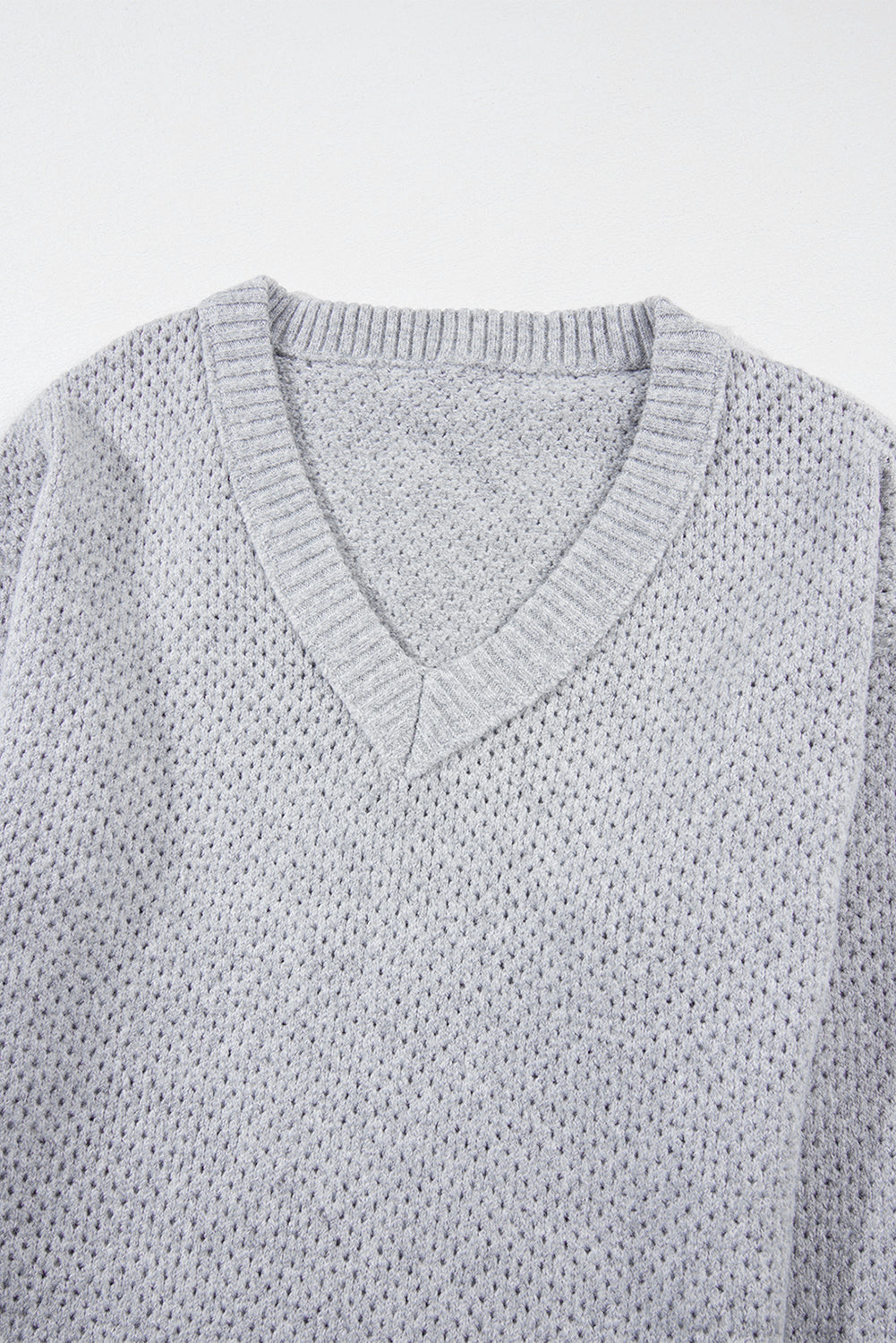 Light Grey Oversized V Neck Drop Shoulder Sweater with Eyelet Detail