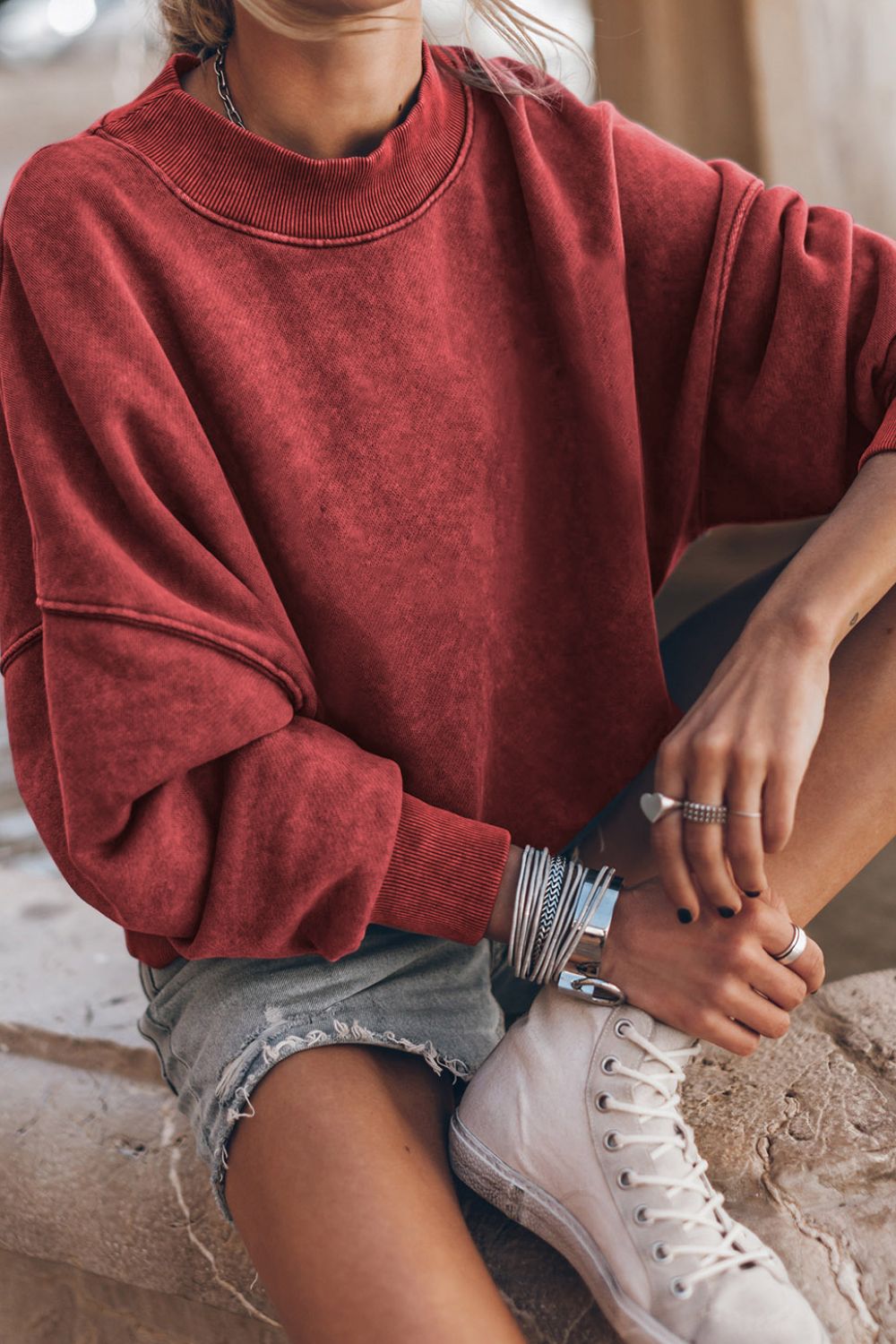 Mock Neck Dropped Shoulder Sweatshirt