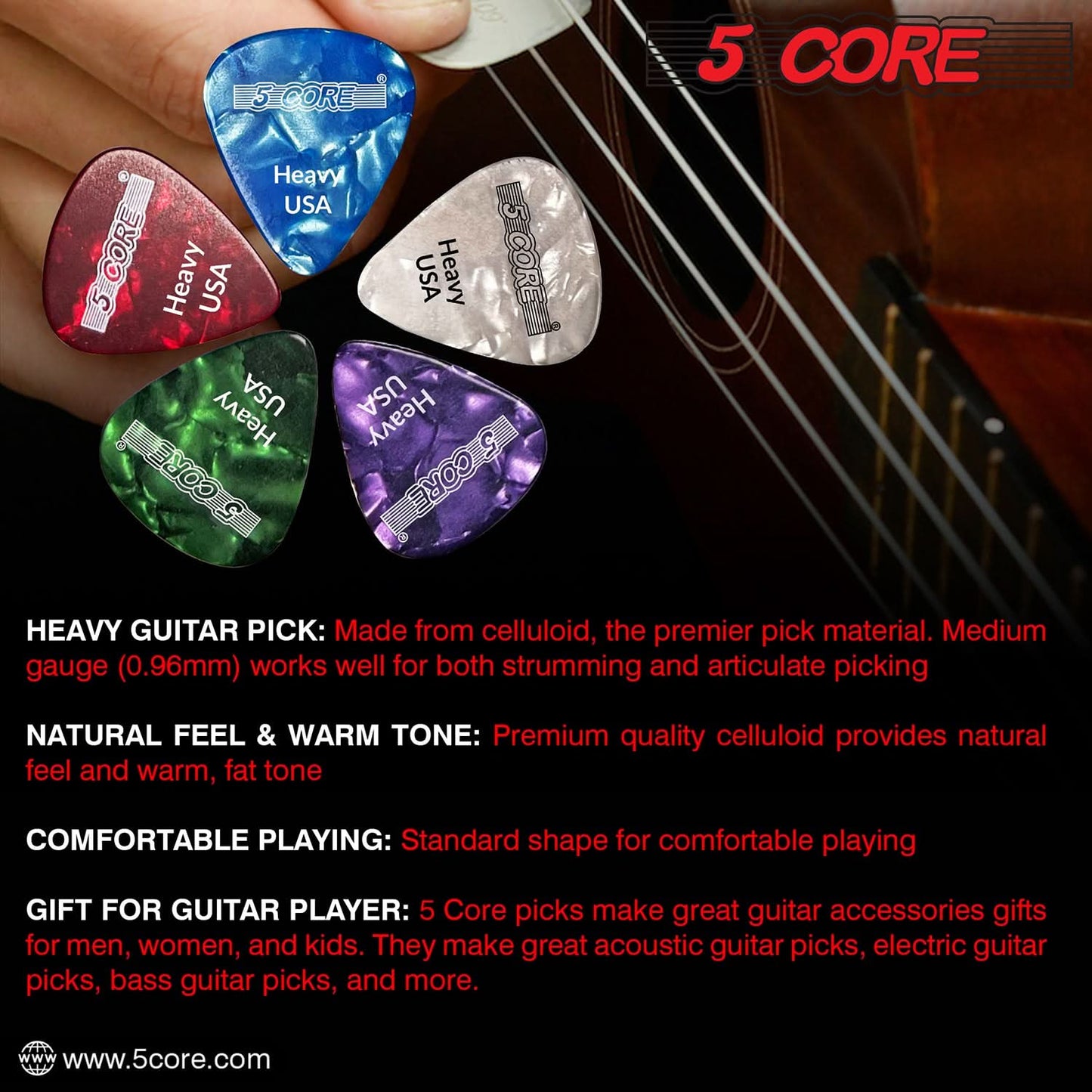 5 Core Guitar Picks 0.96mm Celluloid Heavy Gauge Pick - Acoustic