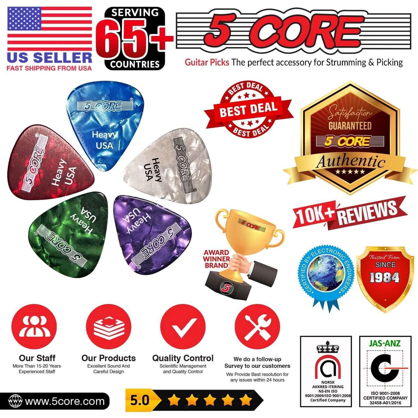 5 Core Guitar Picks 0.96mm Celluloid Heavy Gauge Pick - Acoustic