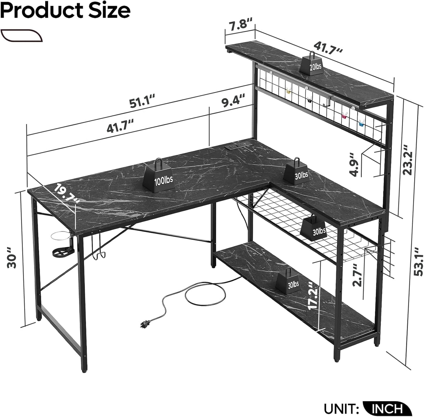 51 Inch L Shaped Gaming Desk With LED Lights 4 Tier Shelves