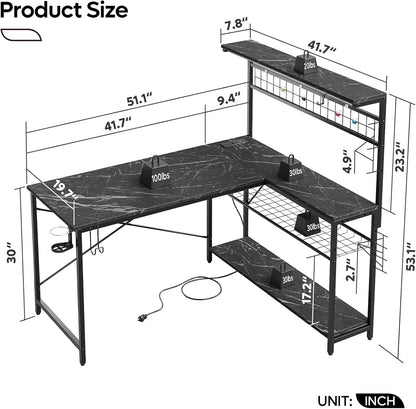 51 Inch L Shaped Gaming Desk With LED Lights 4 Tier Shelves