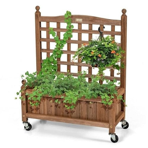 Solid Fir Wood Outdoor Raised Garden Bed Planter Box Cart on Wheels