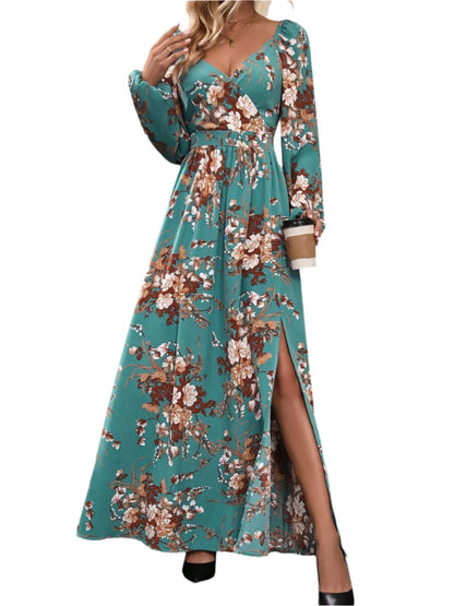 Slit Printed Surplice Long Sleeve Maxi Dress