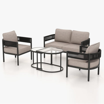 Beige 5 Piece Outdoor Wicker Patio Set With Thick Cushions