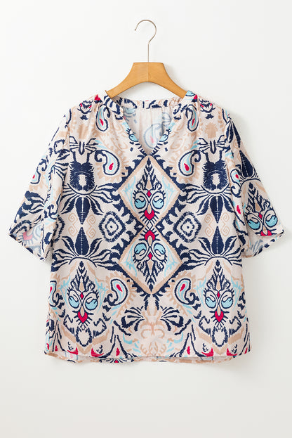 White Abstract Print V-Neck Half Tulip Sleeve Blouse