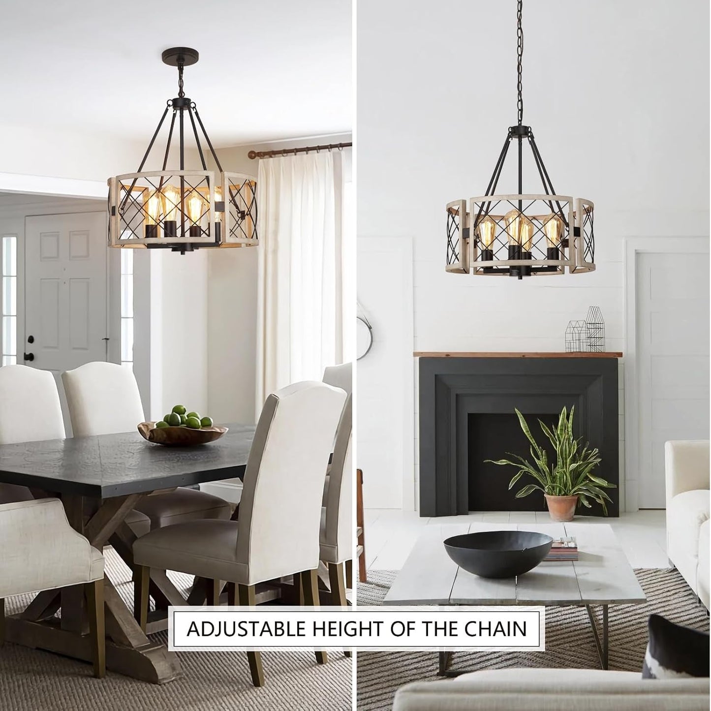 D19'' Farmhouse Chandelier, 4-Light Adjustable Dining Room Light