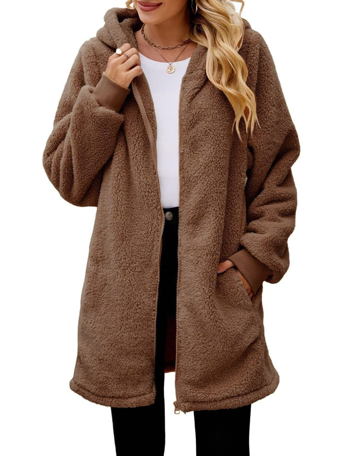 Fuzzy Pocketed Zip Up Jacket