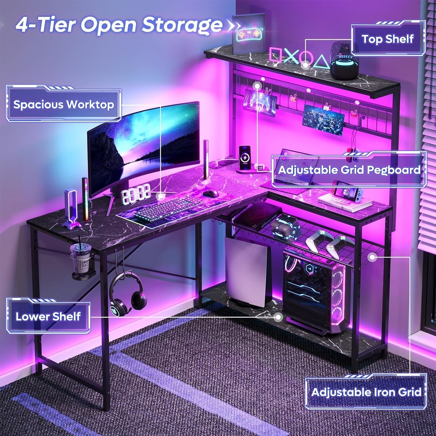 51 Inch L Shaped Gaming Desk With LED Lights 4 Tier Shelves