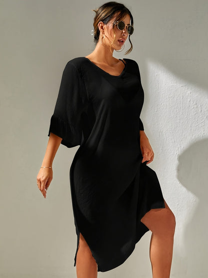 Slit V-Neck Flounce Sleeve Cover-Up