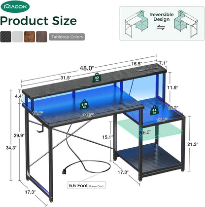 48 Inch LED Gaming Desk With Power Outlet And Shelves