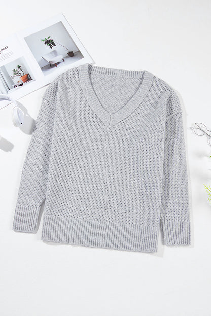 Light Grey Oversized V Neck Drop Shoulder Sweater with Eyelet Detail