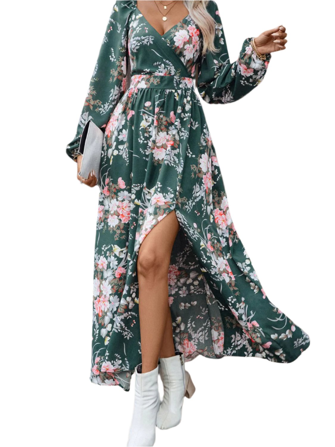 Slit Printed Surplice Long Sleeve Maxi Dress