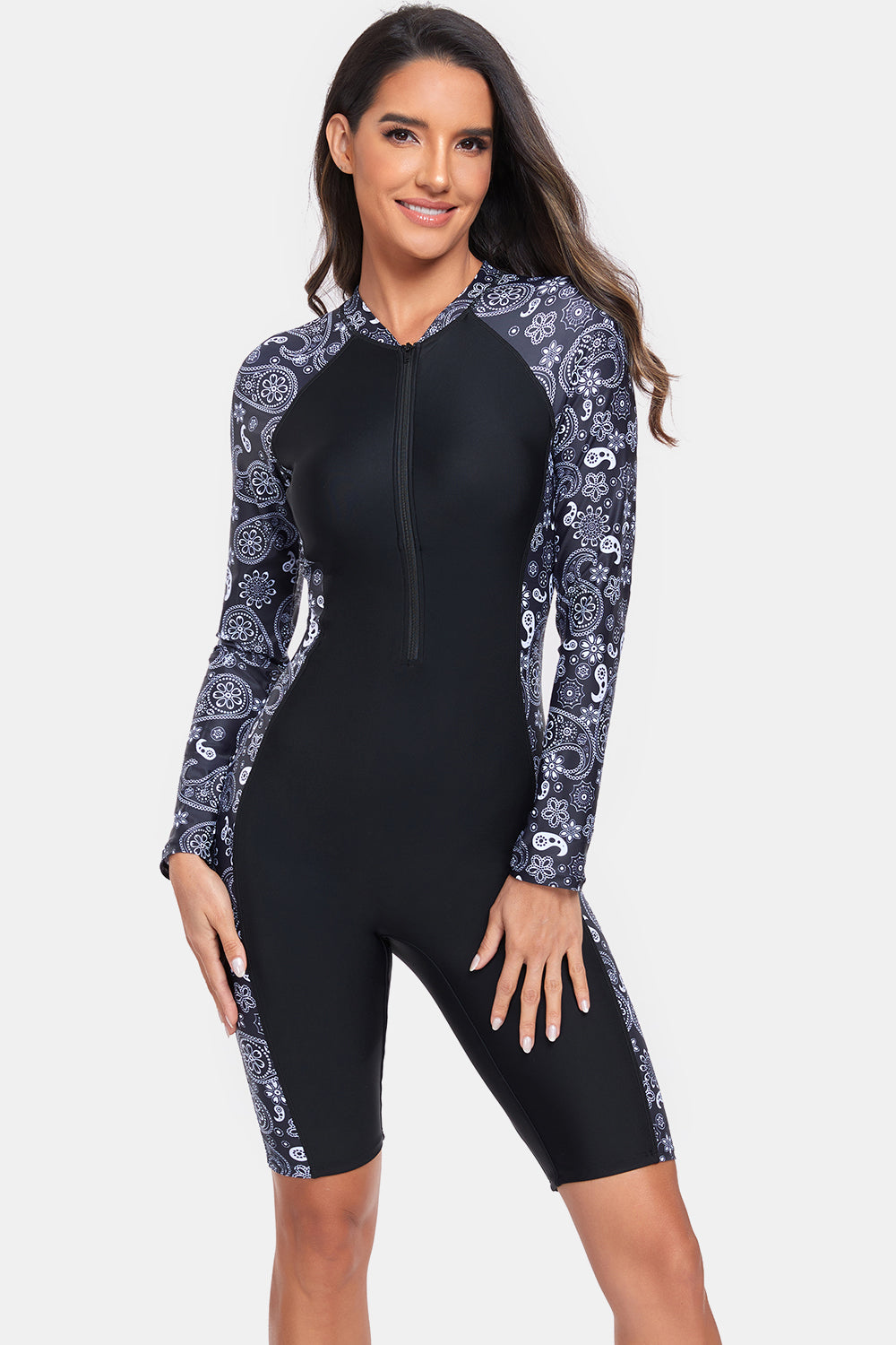 Printed Half Zip Long Sleeve One-Piece Swimwear