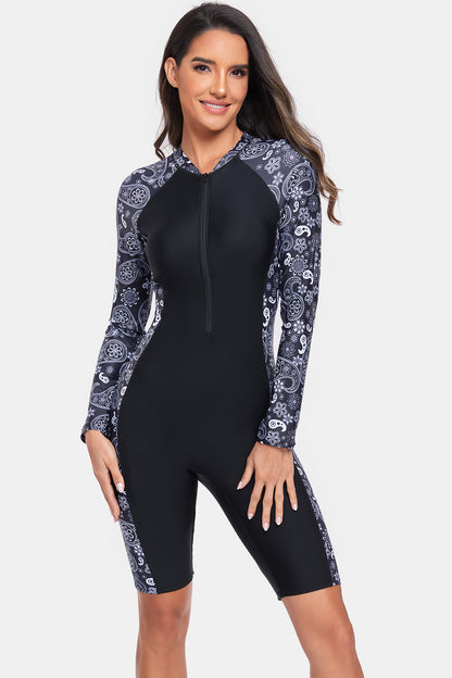 Printed Half Zip Long Sleeve One-Piece Swimwear