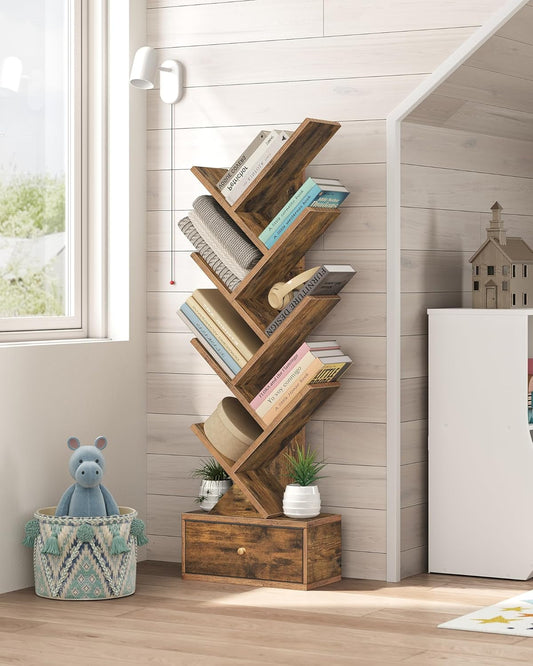 9 Tier Tree Book Shelf with Drawer, Floor Standing Bookshelf Storage