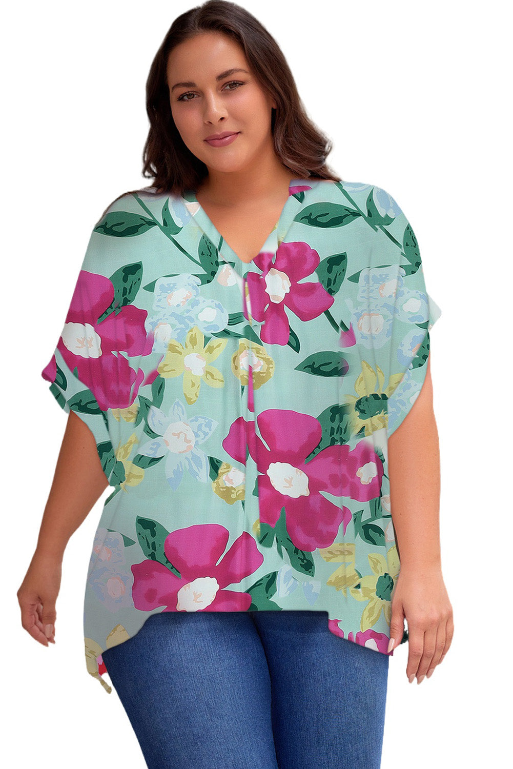 Printed Notched Neck Half Sleeve Top