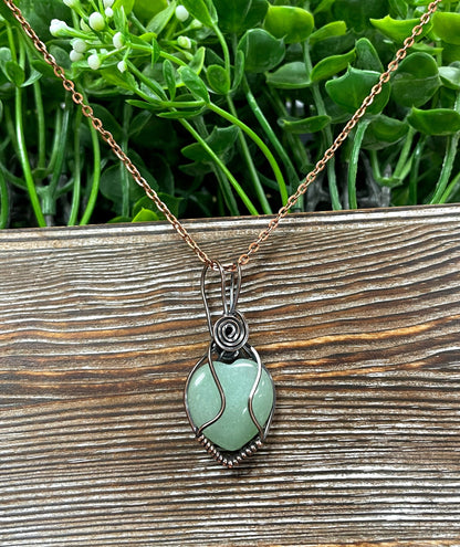 Small Green Aventurine Gemstone Wire Wrapped Pendant Heart Shaped