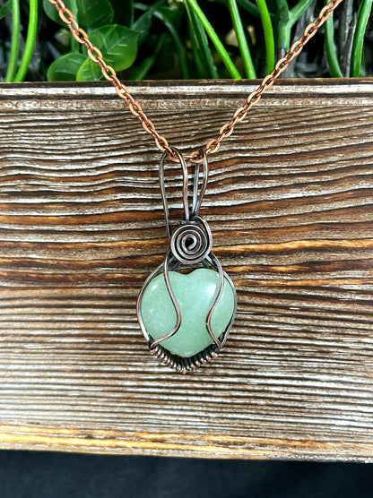 Small Green Aventurine Gemstone Wire Wrapped Pendant Heart Shaped